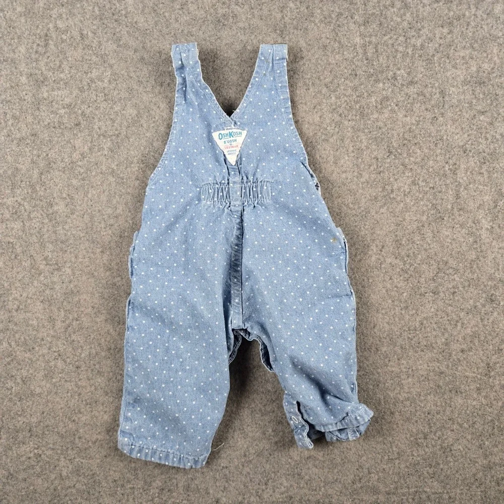 Vintage OshKosh B'gosh Overalls Baby Girls 6M Blue Polka Dot Hickory Stripe 80s